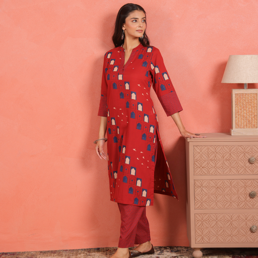 Brick Red Cotton Slub Kurta with Afghani Pant