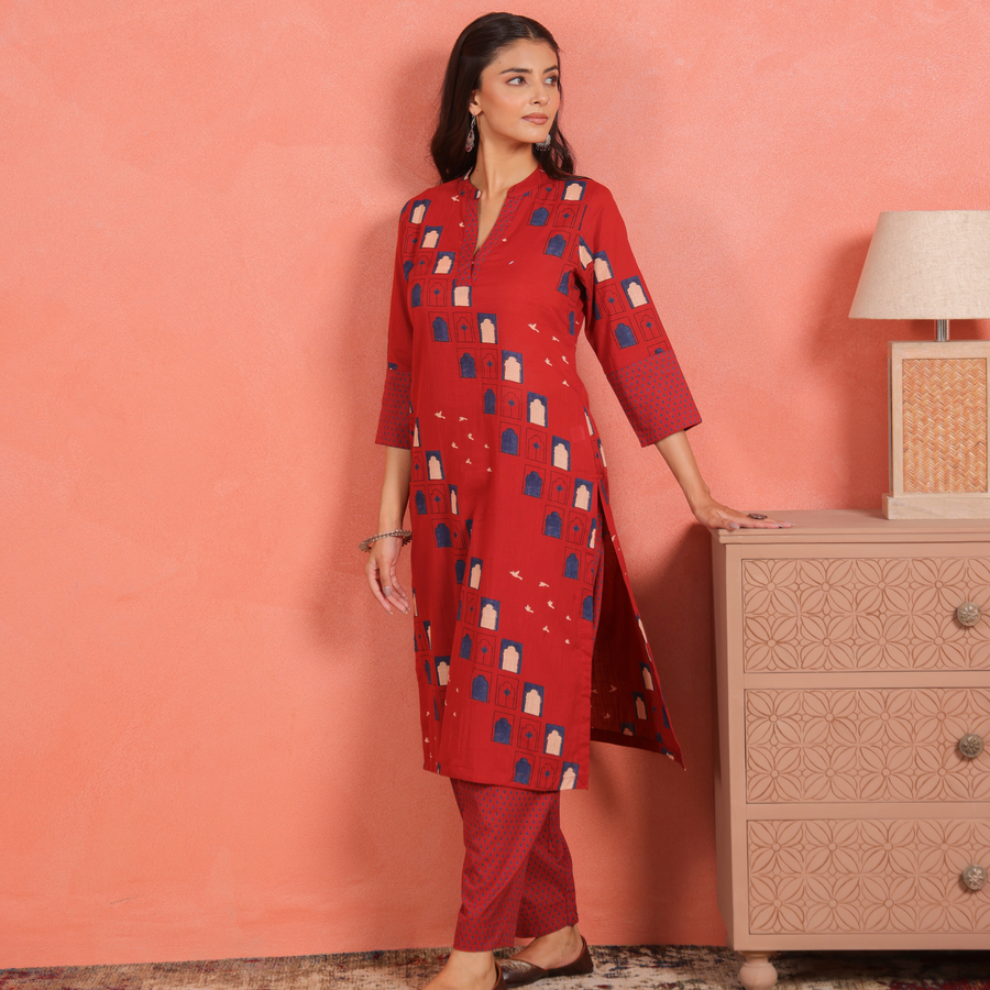 Brick Red Cotton Slub Kurta with Afghani Pant