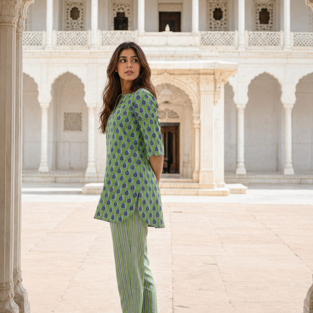 Green Block Printed Cotton Co-Ord Set with Collar Neck