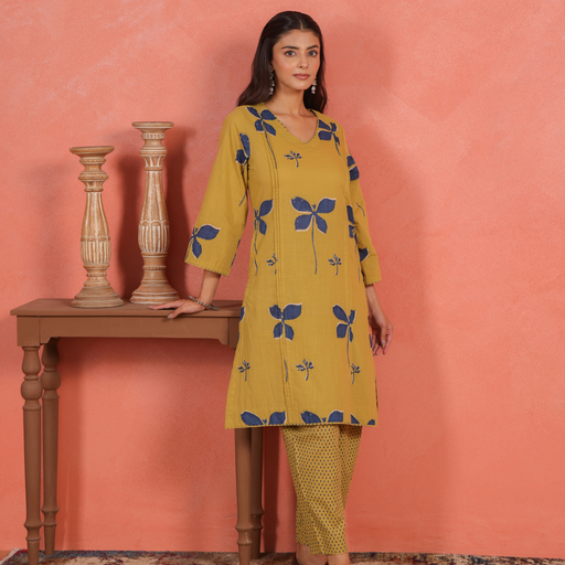 Yellow Cotton Slub Pleated Kurta with Afghani Pant