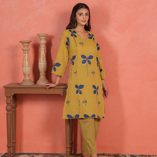 Yellow Cotton Slub Pleated Kurta with Afghani Pant