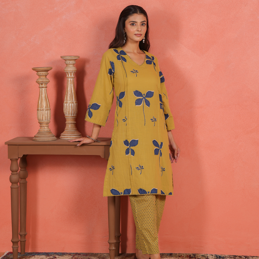 Yellow Cotton Slub Pleated Kurta with Afghani Pant