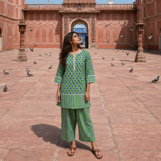 Green Block Printed Cotton Kurta Farshi Salwar Set