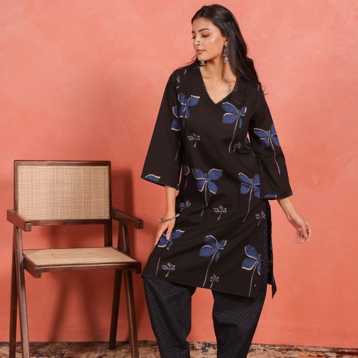 Black Cotton Slub Pleated Kurta with Afghani Pant