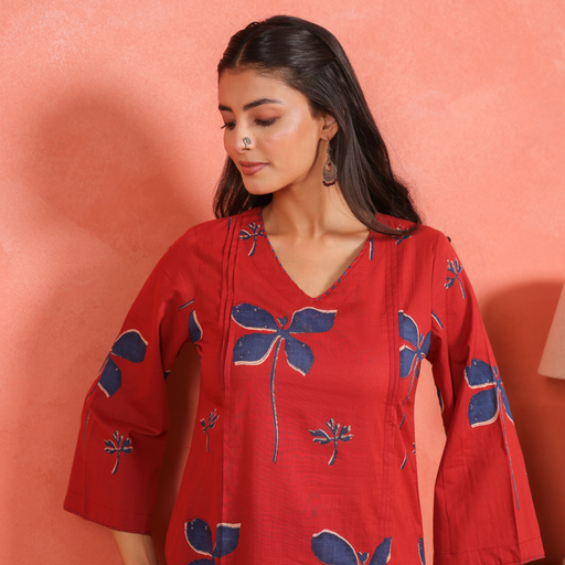 Brick Red Cotton Slub Pleated Kurta with Afghani Pant