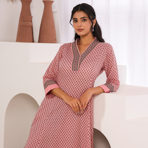 Pink Cotton Comfort Fit A-Line Kurta with Printed Cotton Pants