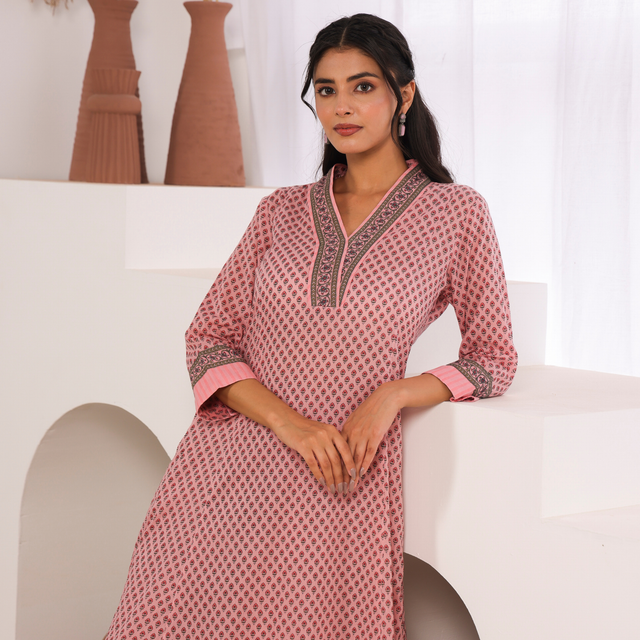 Pink Cotton Comfort Fit A-Line Kurta with Printed Cotton Pants