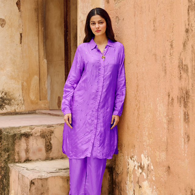 Purple Embroidered Silk Co-Ord Set