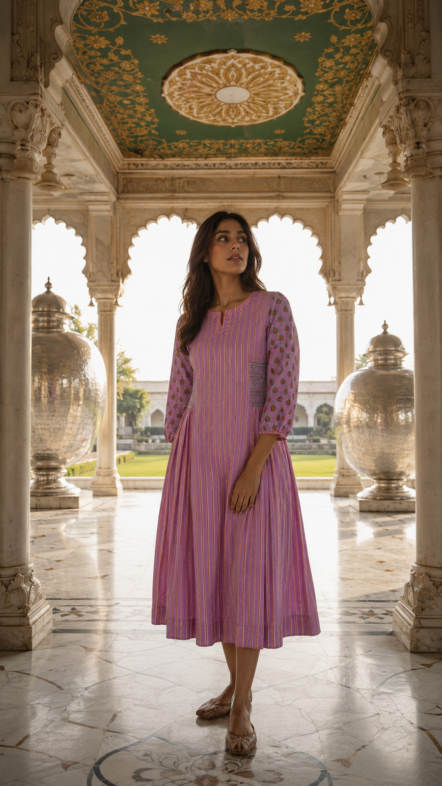 Pink Block Printed Cotton Dress with Hand Work on Neck