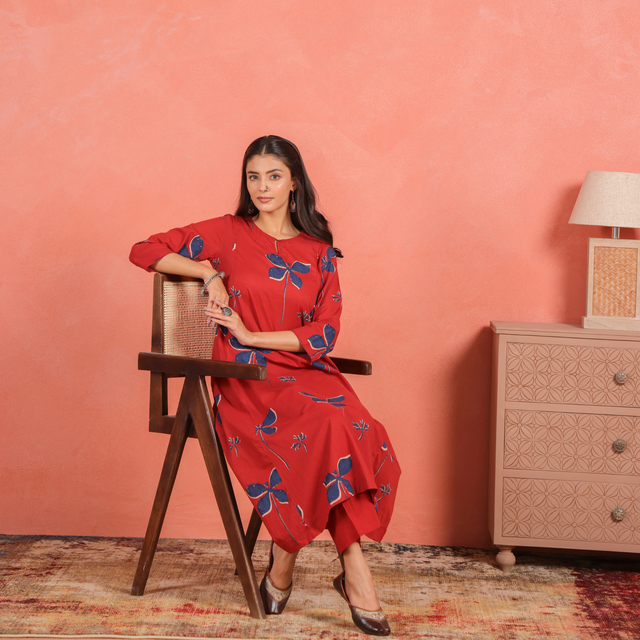 Brick Red Cotton Slub Comfort Fit A-Line Kurta with Printed Pants