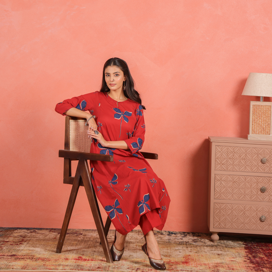 Brick Red Cotton Slub Comfort Fit A-Line Kurta with Printed Pants