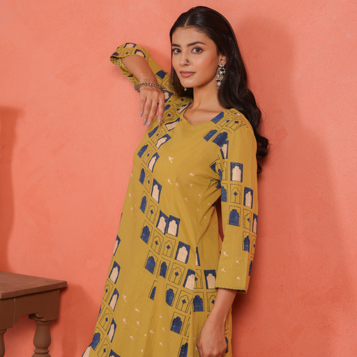 Yellow Cotton Slub Comfort Fit A-Line Kurta with Printed Pants