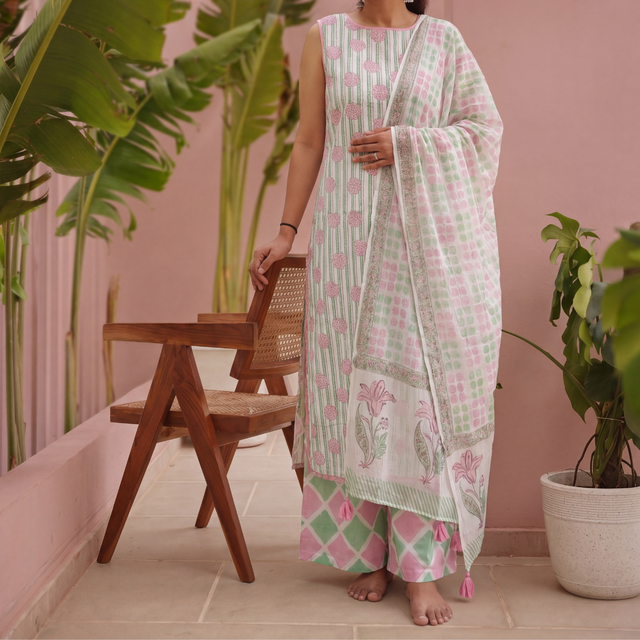 Green & Pink Block Print Cotton Kurta Pant with Kota Doria Dupatta