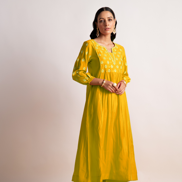Mustard Modal Silk Fabric A-Line Kurta with Pant