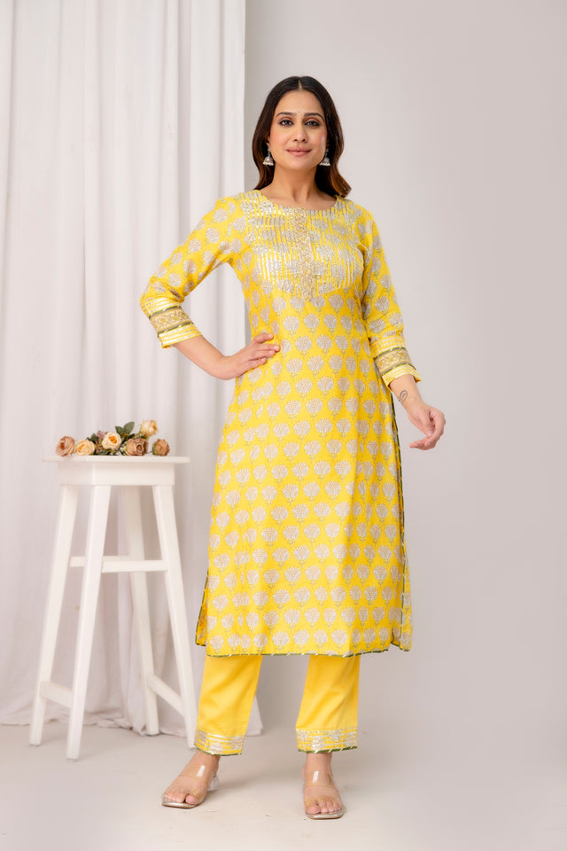 Yellow Printed Muslin Kurta with Gota Patti Zari Embroidery and Jaam Cotton Pant