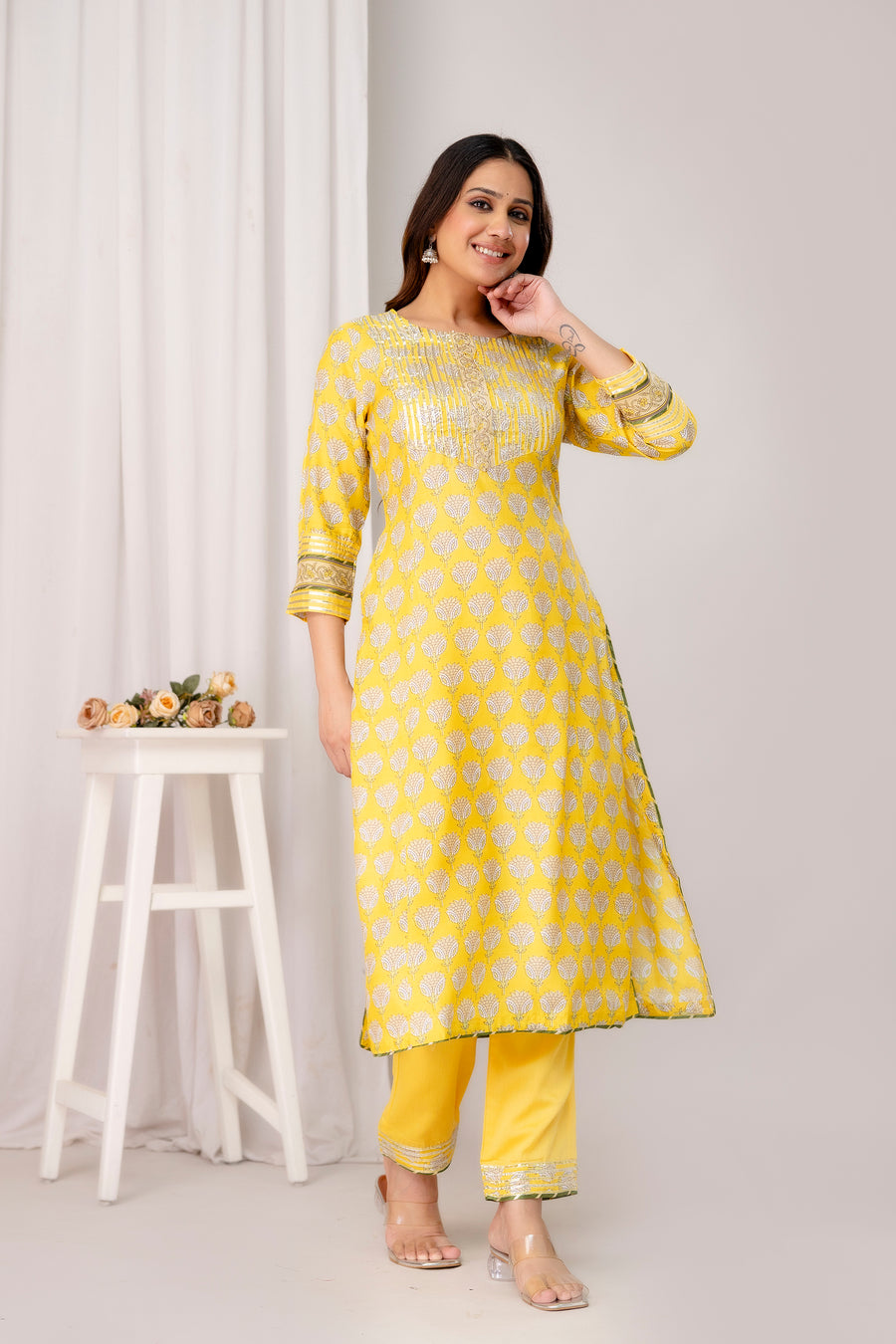 Yellow Printed Muslin Kurta with Gota Patti Zari Embroidery and Jaam Cotton Pant