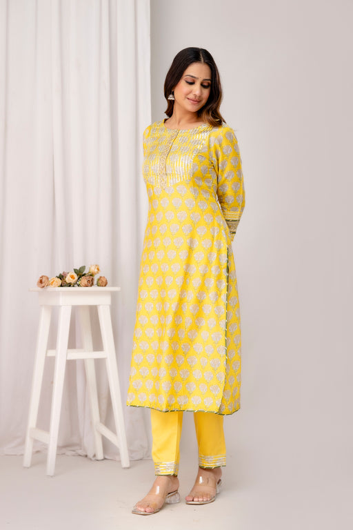 Yellow Printed Muslin Kurta with Gota Patti Zari Embroidery and Jaam Cotton Pant