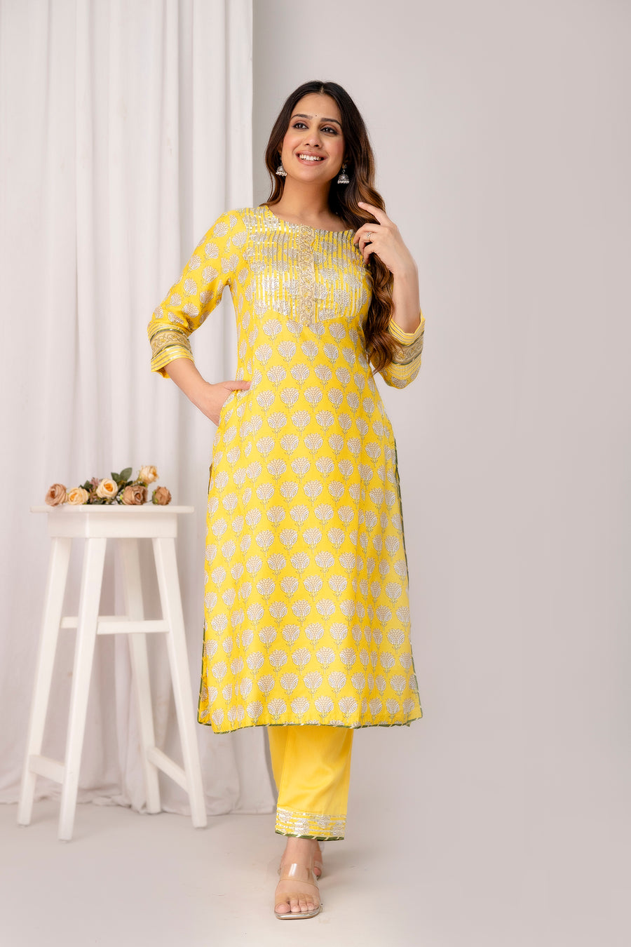 Yellow Printed Muslin Kurta with Gota Patti Zari Embroidery and Jaam Cotton Pant