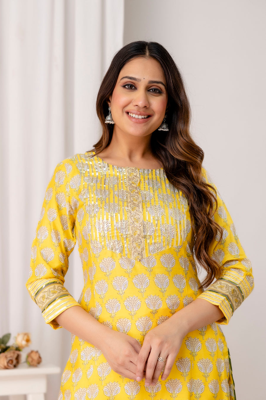 Yellow Printed Muslin Kurta with Gota Patti Zari Embroidery and Jaam Cotton Pant