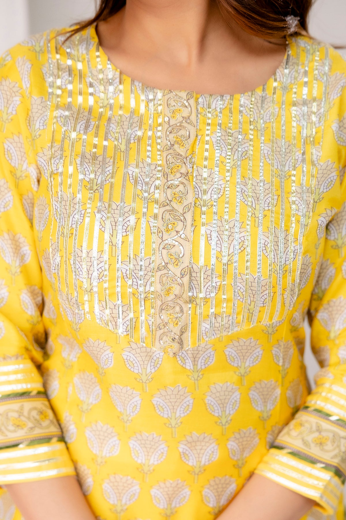 Yellow Printed Muslin Kurta with Gota Patti Zari Embroidery and Jaam Cotton Pant