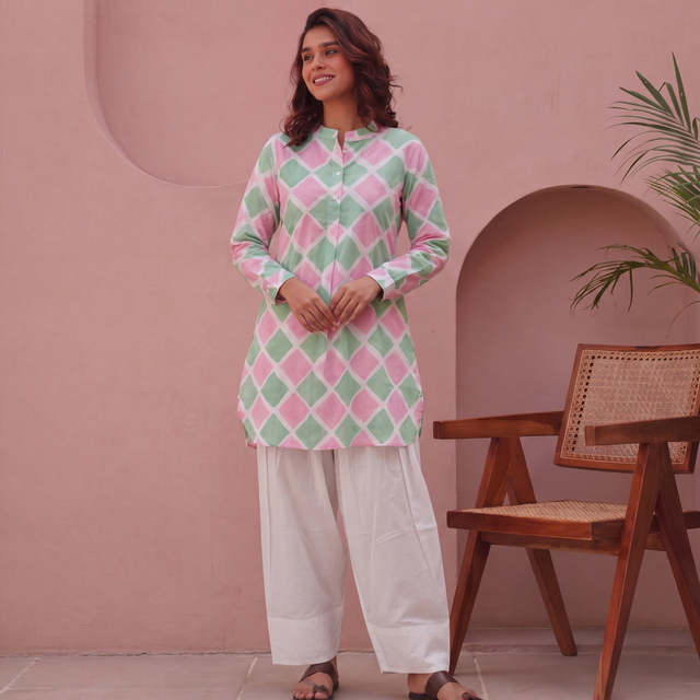 Green & Pink Block Printed Cotton Kurta with White Farshi Salwar