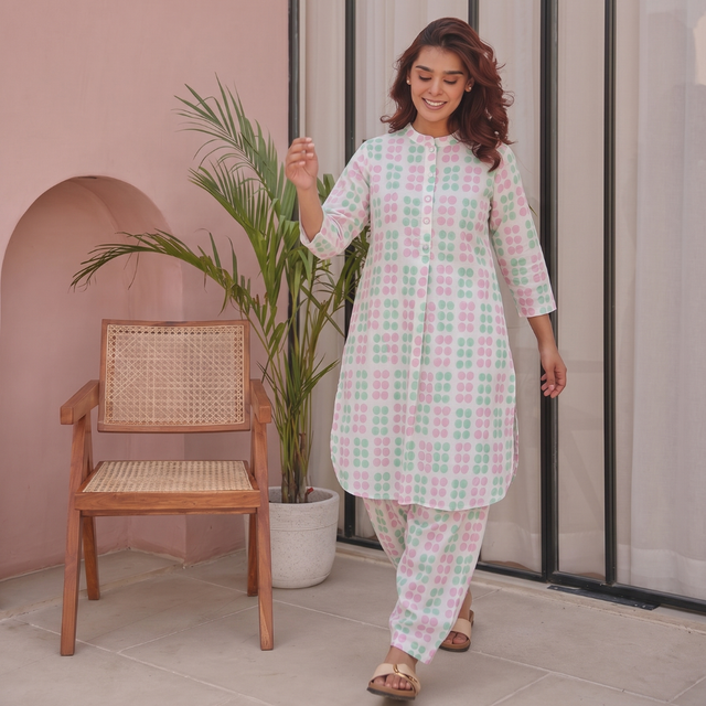 Pink & Green Block Printed Cotton Co-Ord Set with Salwar