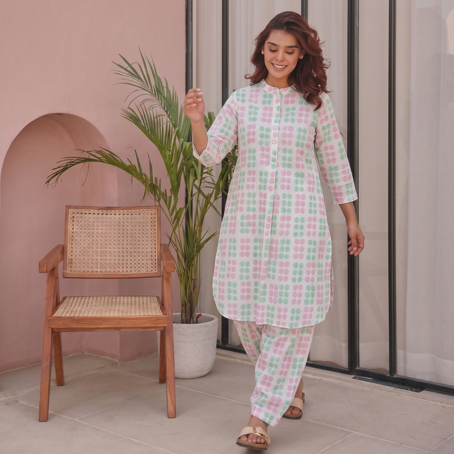 Pink & Green Block Printed Cotton Co-Ord Set with Salwar