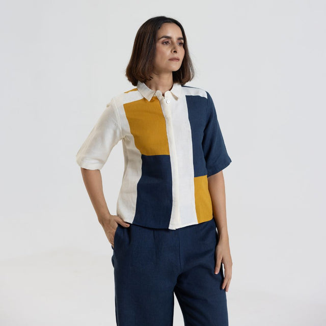 Cotton Linen Shirt in Color Block