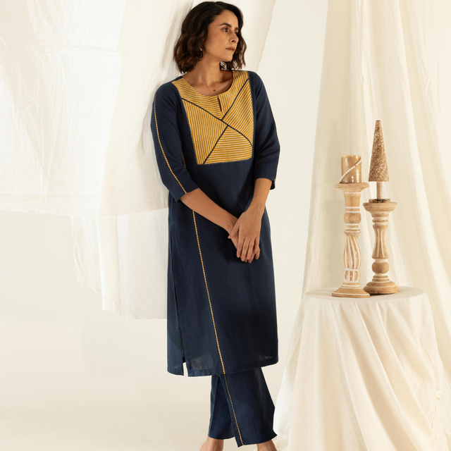 Indigo Linen Asymmetrical Stripped Yoke Kurta Pant Set