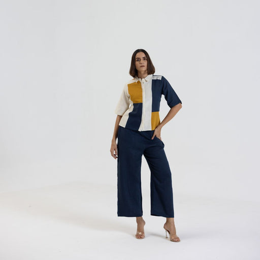 Cotton Linen Shirt Pant Set in Colour Block