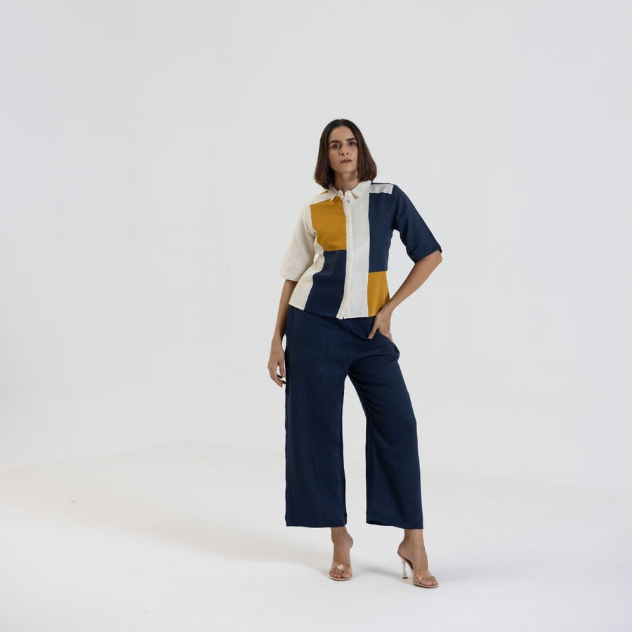 Cotton Linen Shirt Pant Set in Colour Block