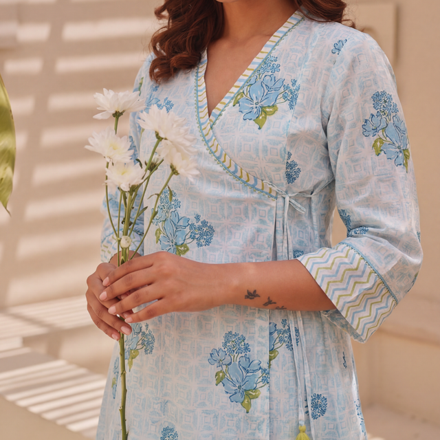 Blue Block Printed Cotton Angrakha Kurta Pant Set
