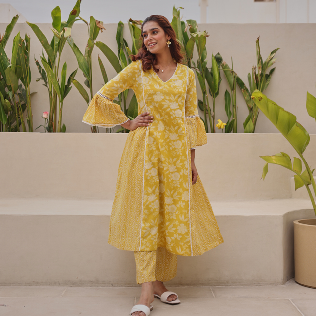 Yellow Mul Cotton Gathered Kurta with All-Over Lace Work & Bell Sleeves