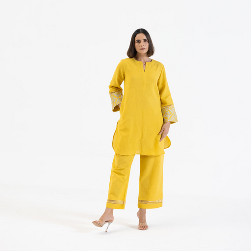 Yellow Linen Embroidered Sleeves Co-Ord Set