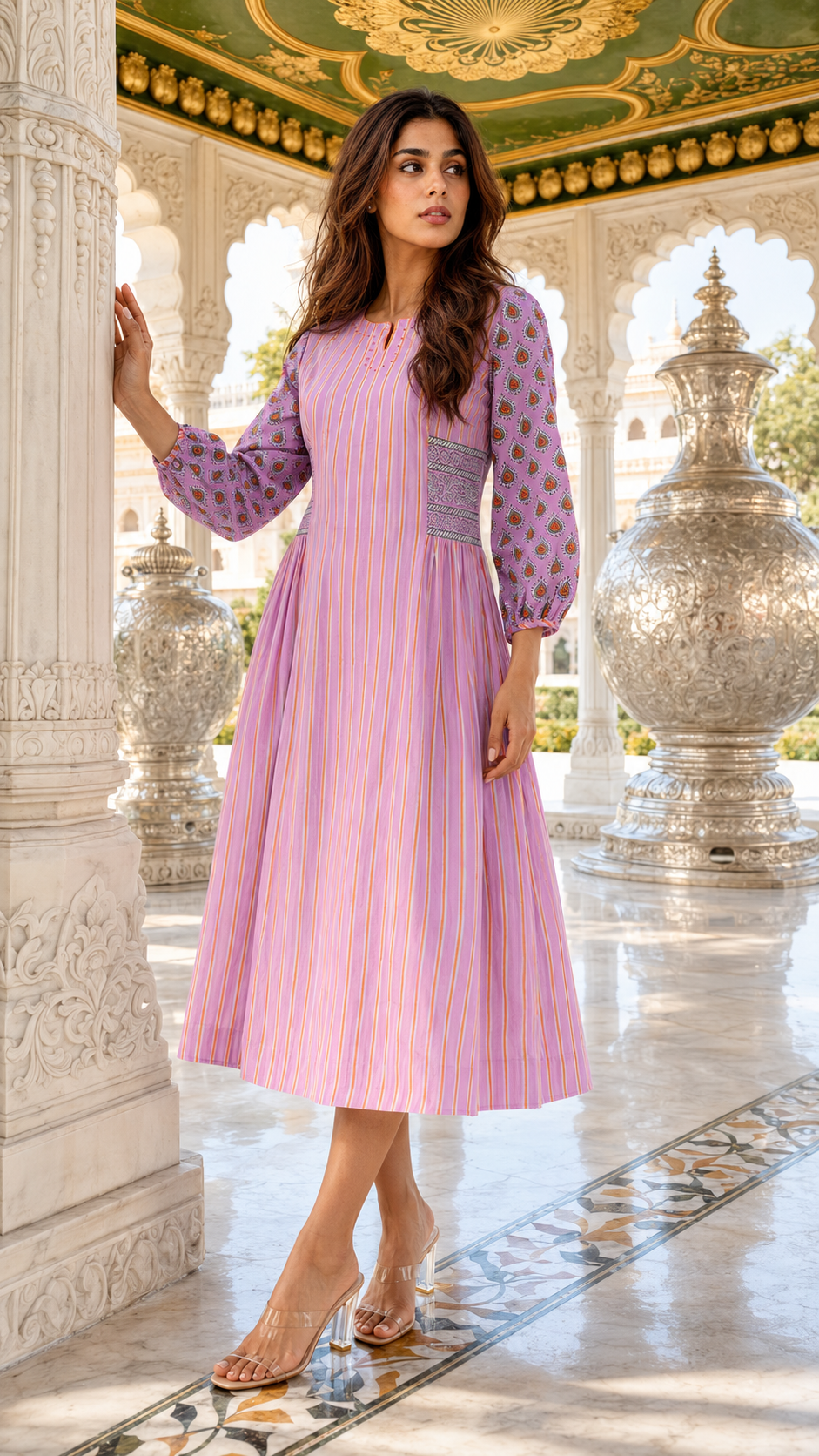 Pink Block Printed Cotton Dress with Hand Work on Neck