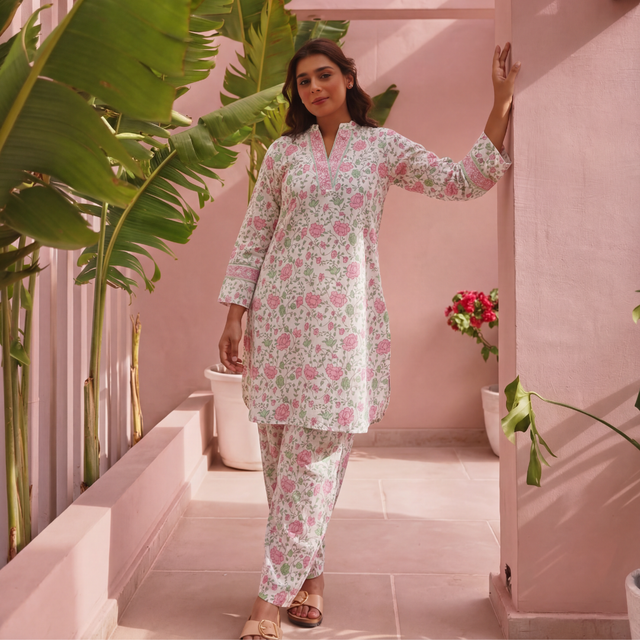 Green & Pink Block Printed Cotton Co-Ord Set