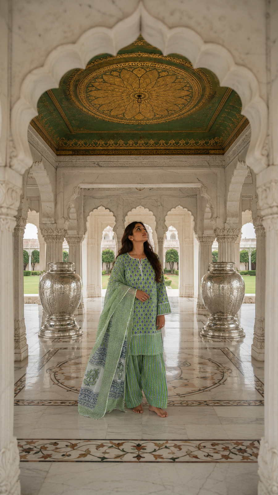 Green Block Printed Cotton Suit Set with Lace Work