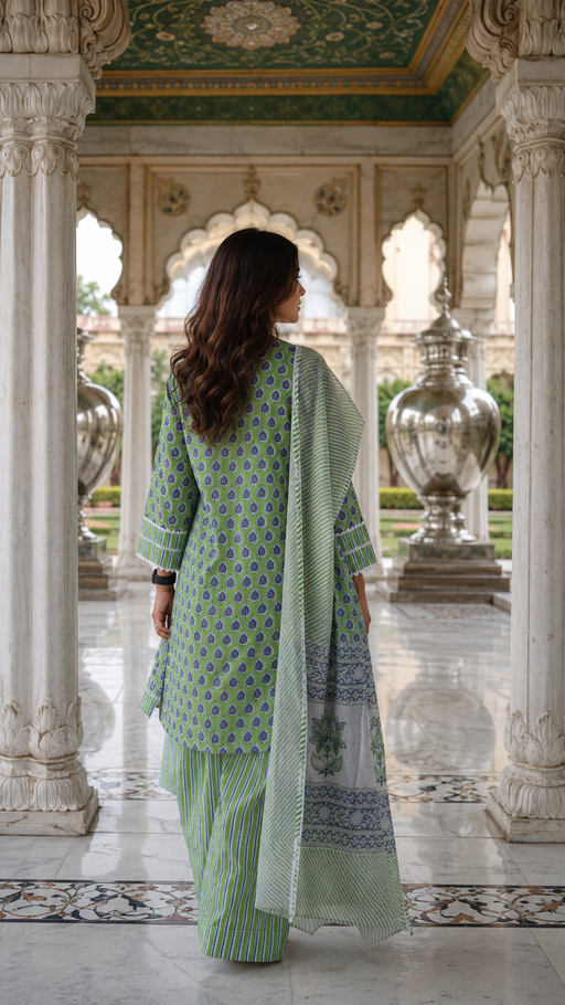 Green Block Printed Cotton Suit Set with Lace Work