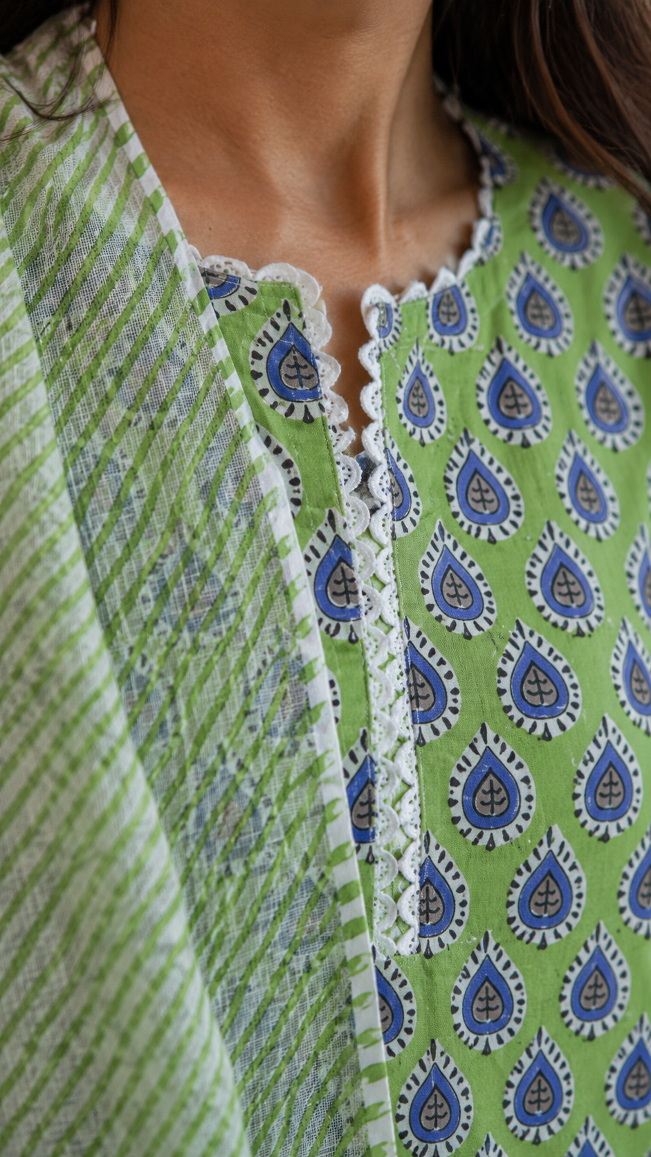 Green Block Printed Cotton Suit Set with Lace Work