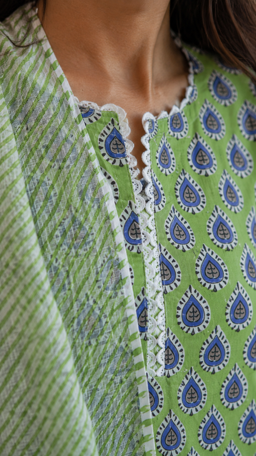 Green Block Printed Cotton Suit Set with Lace Work