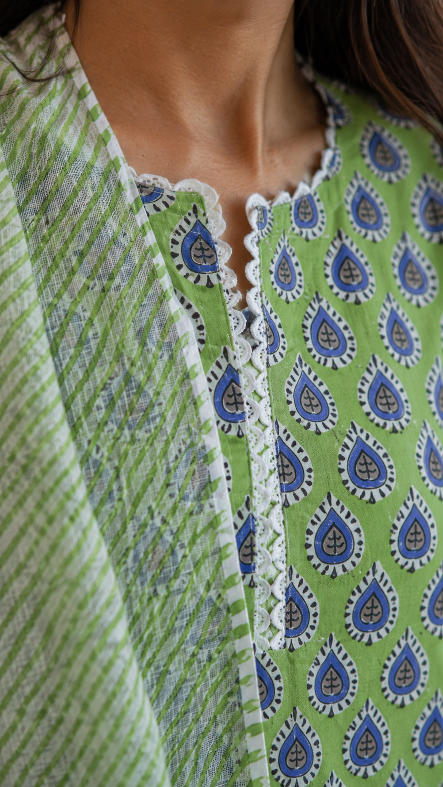 Green Block Printed Cotton Suit Set with Lace Work