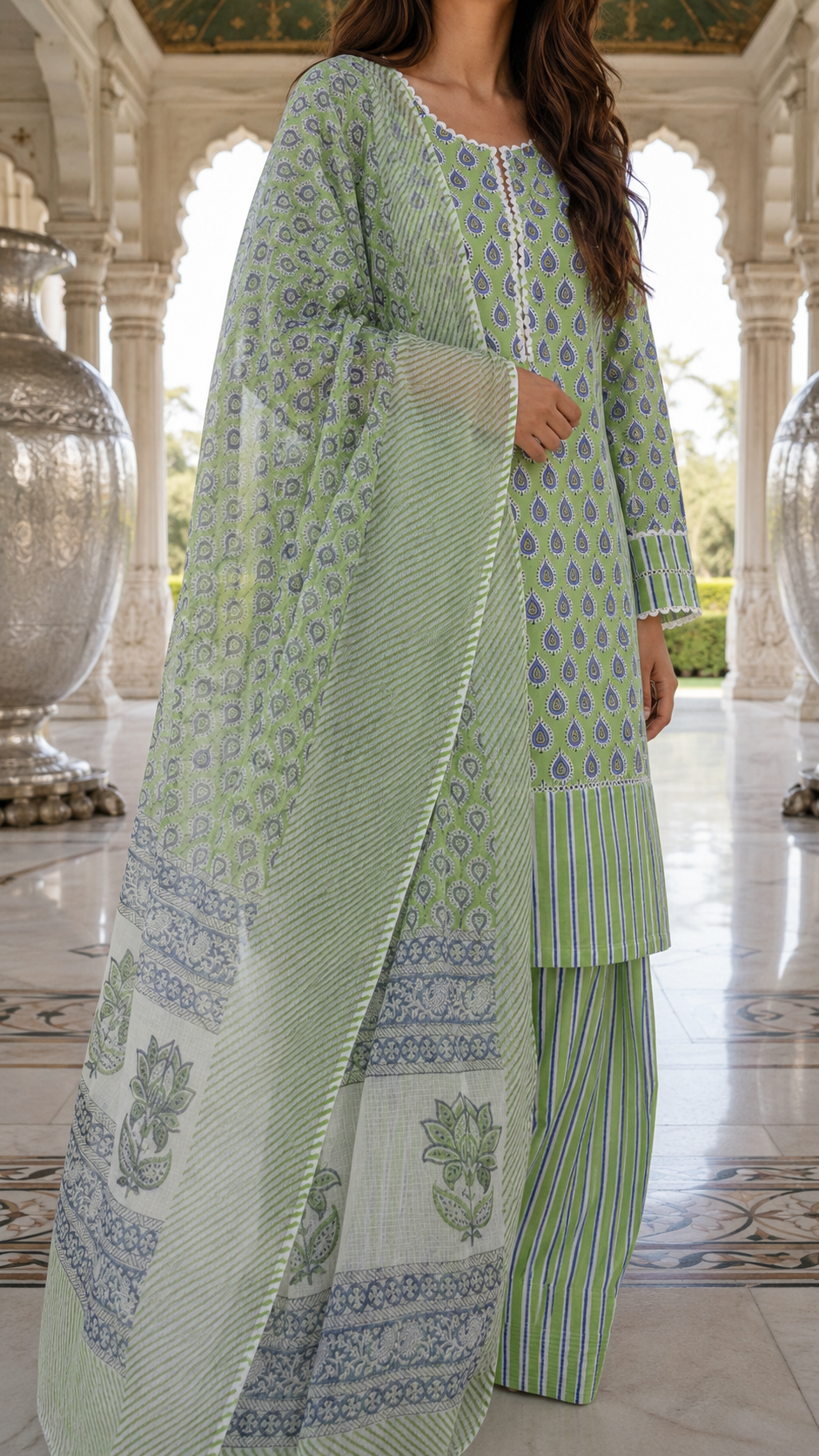 Green Block Printed Cotton Suit Set with Lace Work