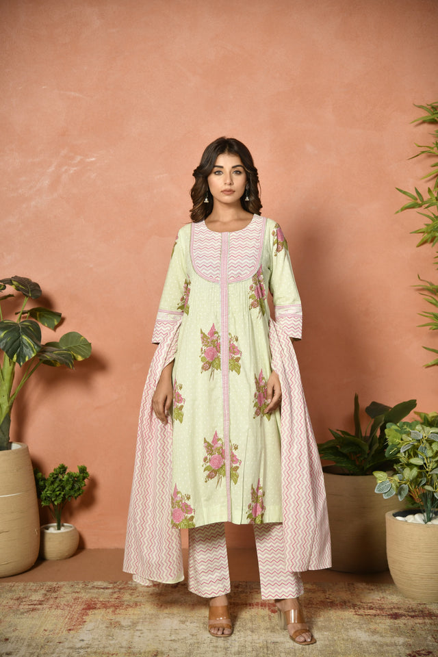 Pista Green Embroidered Cotton Suit Set with Dupatta