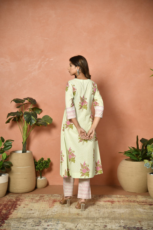 Pista green festive embroidered cotton suit set - front view - EKOHUM