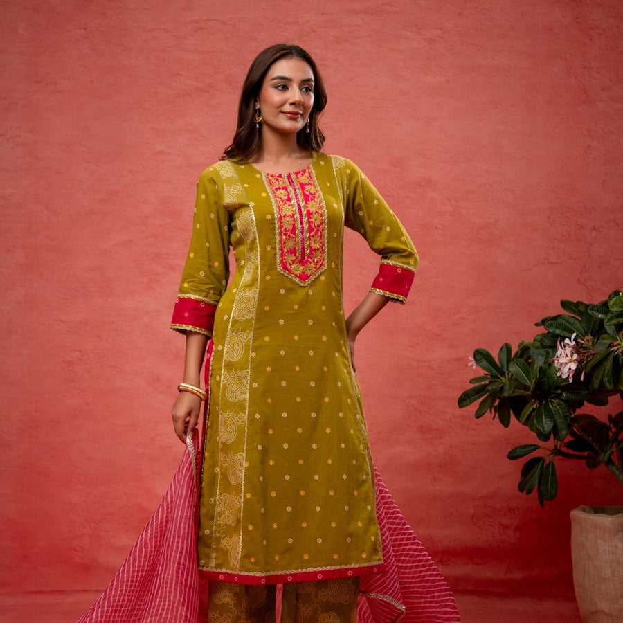 Green Cotton Suit Set with Gota Aari Work & Laces