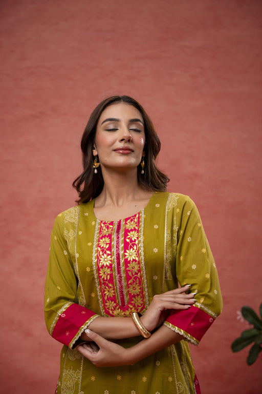 Green Cotton Suit Set with Gota Aari Work & Laces