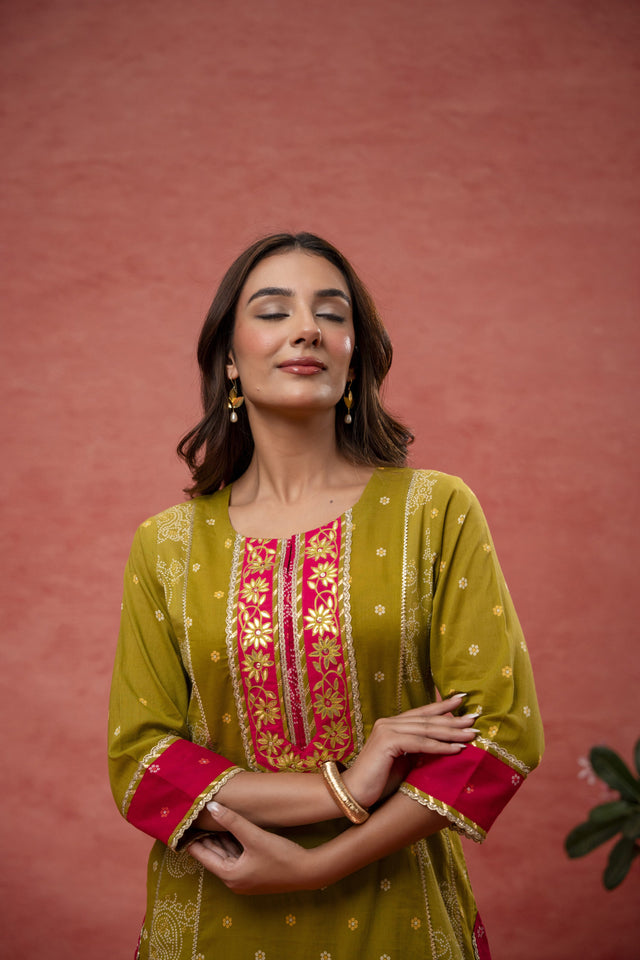 Green Cotton Suit Set with Gota Aari Work & Laces