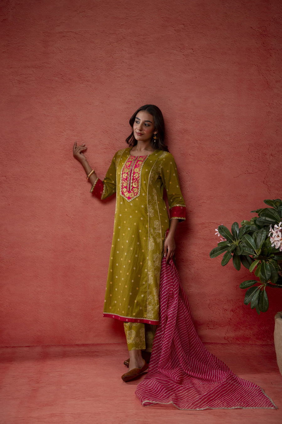 Green Cotton Suit Set with Gota Aari Work & Laces