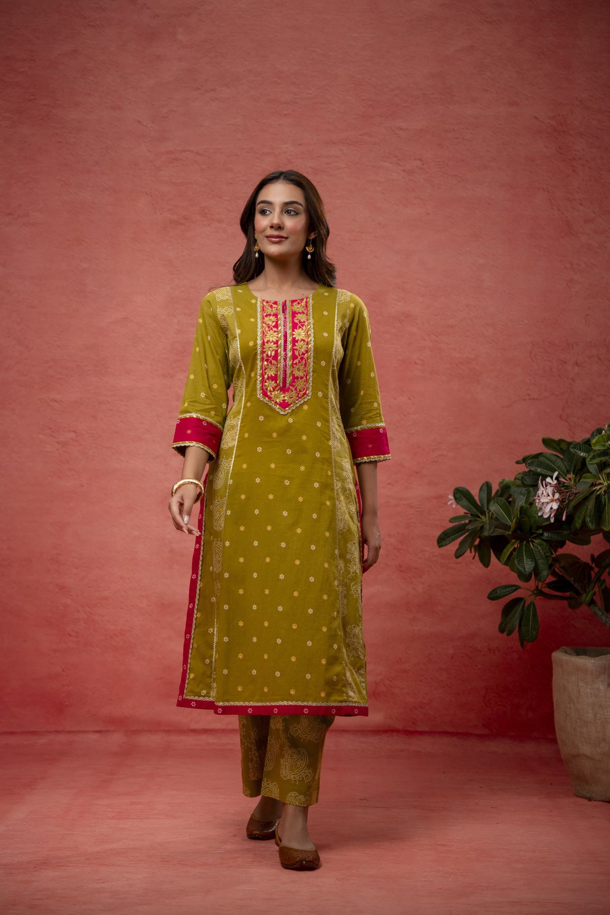 Green Cotton Suit Set with Gota Aari Work & Laces