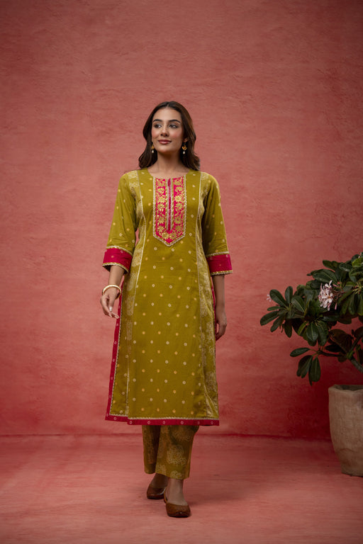 Green Cotton Suit Set with Gota Aari Work & Laces